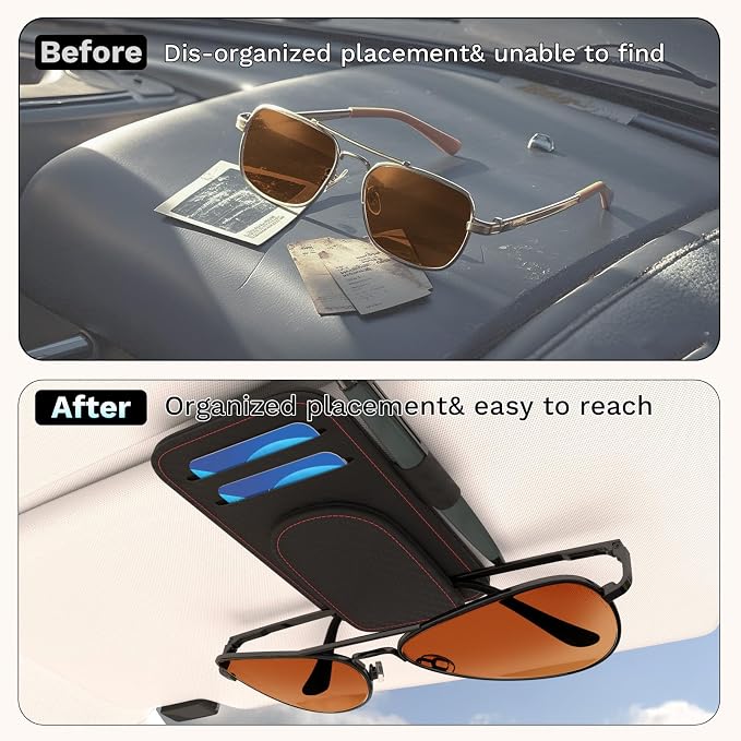 BFXM Sunglass Holder for Car and Truck Sun Visor Organizer Car Accessories | Sunglasses Holder Eyeglass Hanger Clip, Cars Sun Visor Ticket Card Holder Clip, Magnetic Leather Holder for Car Visor - Image 2