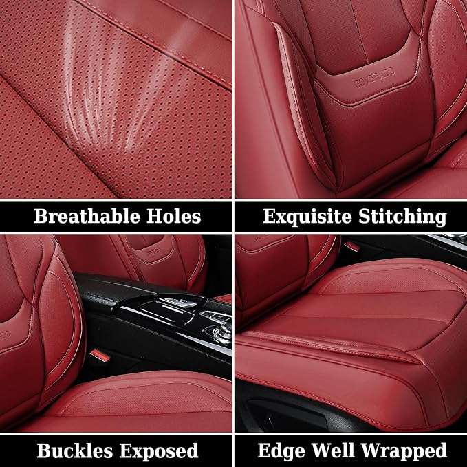 Coverado Universal Seat Covers Full Set, 5 Seats Universal Seat Covers for Cars, Waterproof Faux Leather Car Seat Covers with Head Pillow, Auto Protectors Fit for Most Sedans SUV Pick-up Truck-Red - Image 7