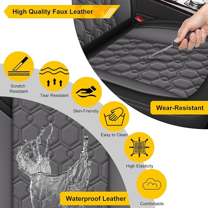 Front Seat Covers for Lexus LS 460 2007-2023 Faux Leather | Waterproof Breathable Scratch Resistant 360° Wrap Airbag Compatible Easy Clean (2 Seats,Black & Grey ) - Image 6