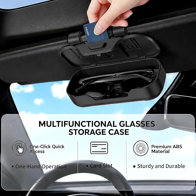 Car Sun Visor Sunglasses Holder,Black ABS Eyeglasses Case | Card Storage,Soft Flocked Interior,Anti-Rattle Triangle Slot,Double Clips,Push Button Access,Scratch Protection,Universal Fit - Image 2