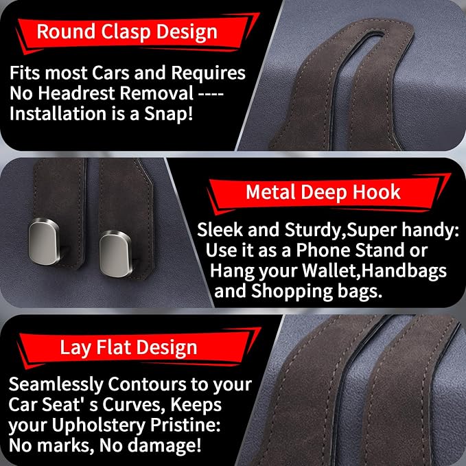 Car Purse Hook, Car Seat Headrest Hooks, Brown Leather 2 Pack | Car Purse Holder Hooks, Universal Car Hangers Seat Back Organizer Storage, Double Metal Hooks for Grocery Purses and Bags - Image 4