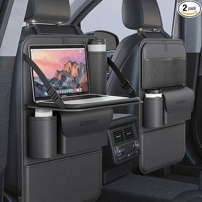 Coverado Car Backseat Organizer(2 Packs) with Tablet Tray, Nappa Leather Organizer for Car Seat Back, Waterproof Car Seat Organizer with Touch Screen, Seat Protector Kick Mats for Kids by COVERADOAUTO