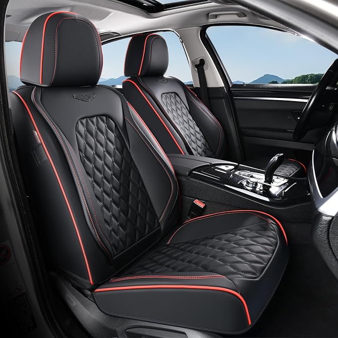 Coverado Front Seat Covers, Wear-Resistant Stain-Proof Cushions, Universal Fit for Most Vehicles, Waterproof Car Seat Protectors, Automotive Seat Covers-Red & Black Line Design by COVERADOAUTO
