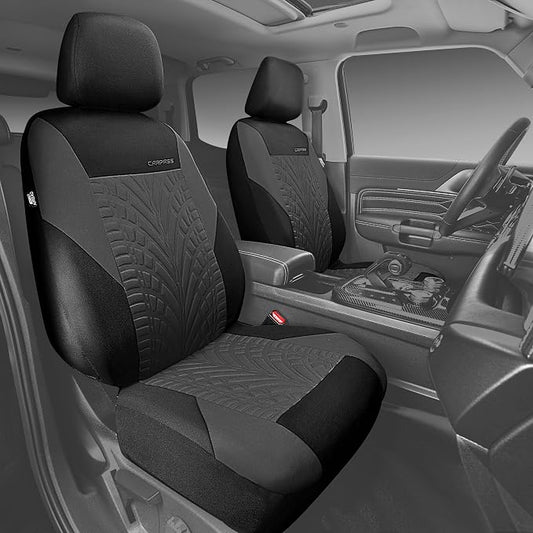 CAR PASS Emboss Tyre Front Seat Covers, Universal Fit Elastic Breath Premium Cloth seat Covers Front Seats only for Truck SUV Sedan, Airbag Compatible, Charcoal on Black - Image 2
