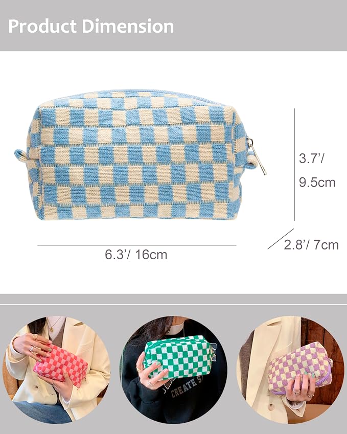 Checkered Makeup Bag for Purse, Small Travel Cosmetic Pouch,Blue Beige | Cute Zipper Makeup Organizer for Women, Travel Essentials, Toiletries, Makeup Brushes, Beauty Accessories&Bridesmaid Gifts - Image 4