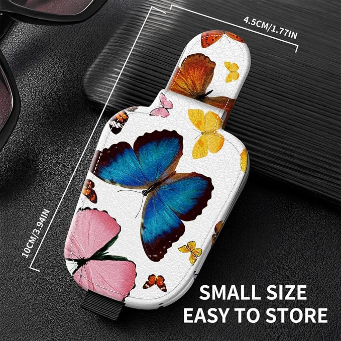 Sunglasses Holder for Car Visor, PU Leather Glasses Clip Organizer, Cute Magnetic Eyeglass Holder for Vehicle Sun Visor, Car Interior Accessory for Women & Men, Colorful Butterfly - Image 3