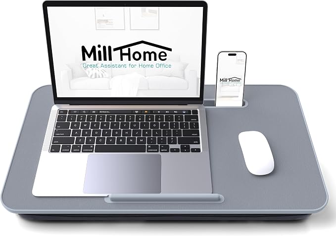 Lap Desk with Cushion, Fits up to 17 inch Laptop, Pillow Designed, Portable Laptop Stand with Tray, Pad & Phone Holder, Home Office for Bed/Couch/Car/Reading/Writing, MillHome (Gray) - Image 2