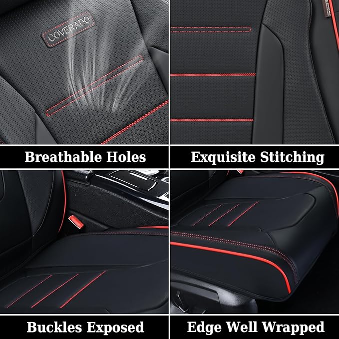 Coverado Car Seat Covers Full Set, Seat Covers for Cars, Car Seat Cover, Car Seat Protector, Nappa Leather Car Seat Cushion, Waterproof Car Seat Covers Front Seats and Back Fit for Most Cars (Redline) - Image 7