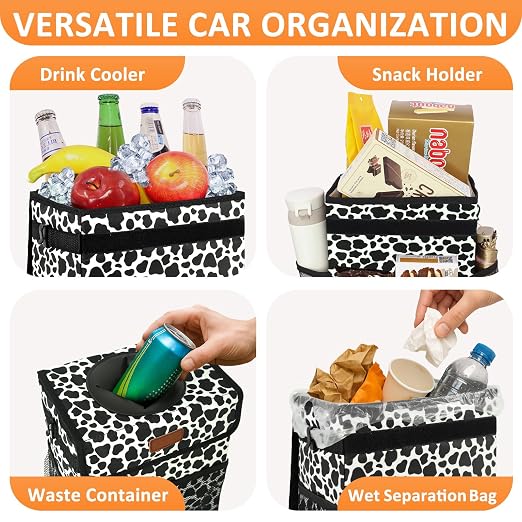 Vankor Car Trash Can with Lid Leak Proof Car Accessories for Women | 2.2 Gallon Cute Hanging Car Trash Bin for Men Car Truck Vehicle Sedan SUV Interior Automotive Garbage Cans, Cow Print - Image 6