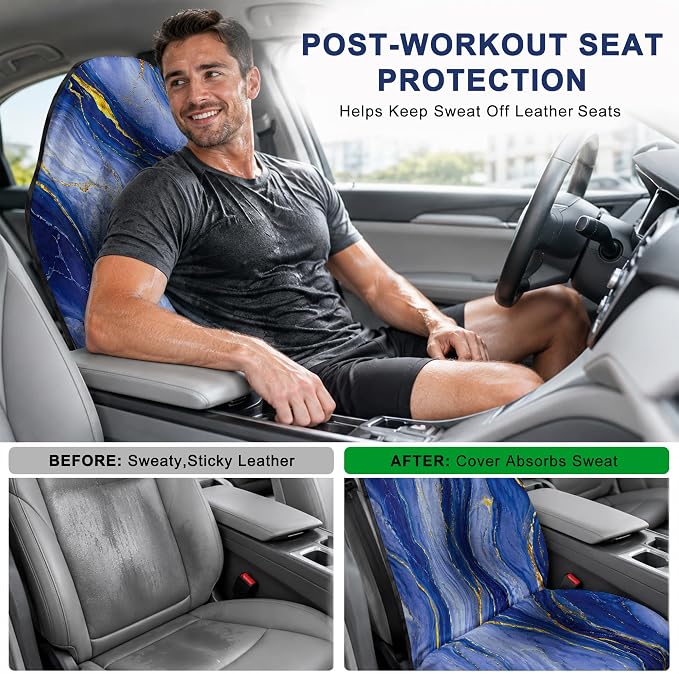 Car Seat Towel Cover 2 Pack for Front Seats, Sweat Absorbent Car Seat Protector with Non-Slip Backing, Waterproof Towel Car Seat Covers for Runners, Gym, Swimming, Beach, Blue Gold Marble - Image 4