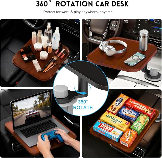360° Rotation Car Desk for Laptop, Height-Adjustable Cup Holder Table, Wooden Car Food Tray & Laptop Mount Compatible with Tesla Model Y/3/S, Ford F150/Explorer/Maverick & Most Vehicles (Warm Walnut) - Image 4