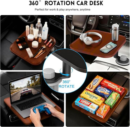 360° Rotation Car Desk for Laptop, Height-Adjustable Cup Holder Table, Wooden Car Food Tray & Laptop Mount Compatible with Tesla Model Y/3/S, Ford F150/Explorer/Maverick & Most Vehicles (Warm Walnut) - Image 4