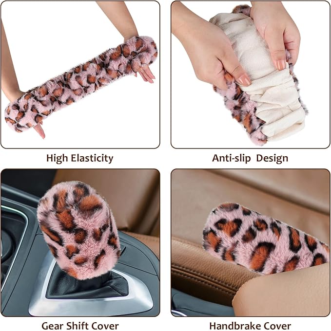 Accmor Fuzzy Steering Wheel Cover, Universal Fit Fur Car Wheel Cover & Handbrake Cover & Gear Shift Cover Set for Women Girls, Leopard Winter Warm Fluffy Vehicle Wheel Protector for Auto, SUV (Pink) - Image 7