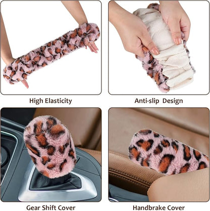 Accmor Fuzzy Steering Wheel Cover, Universal Fit Fur Car Wheel Cover & Handbrake Cover & Gear Shift Cover Set for Women Girls, Leopard Winter Warm Fluffy Vehicle Wheel Protector for Auto, SUV (Pink) - Image 7