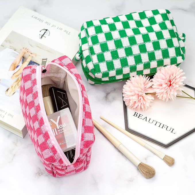 Checkered Makeup Bag for Purse, Small Travel Cosmetic Pouch,Hotpink,2 Pack | Cute Zipper Makeup Organizer for Women, Travel Essentials, Toiletries, Makeup Brushes, Beauty Accessories&Bridesmaid Gifts - Image 3