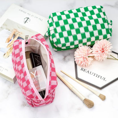 Checkered Makeup Bag for Purse, Small Travel Cosmetic Pouch,Hotpink,2 Pack | Cute Zipper Makeup Organizer for Women, Travel Essentials, Toiletries, Makeup Brushes, Beauty Accessories&Bridesmaid Gifts - Image 3
