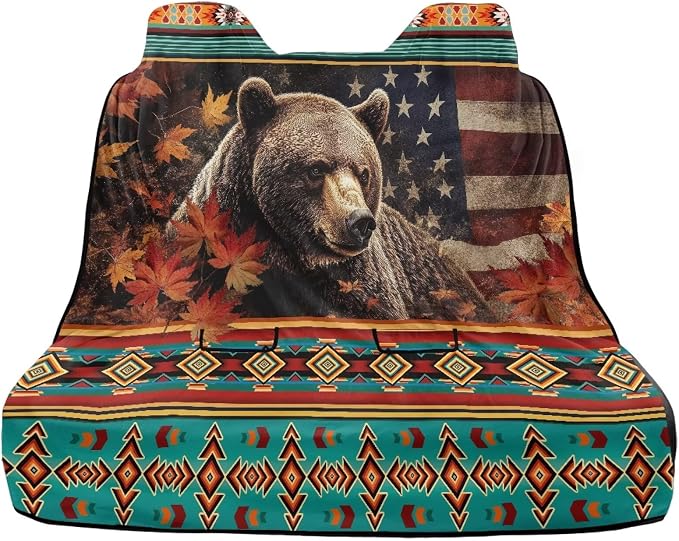 Aztec Bear American Flag Maple Leaves Pattern Bench Seat Cover for SUV Waterproof Car Seat Cover Non-Slip Dog Car Seat Cover for Back Seat Heavy Duty Backseat Protector for SUV Sedan Truck - Image 2