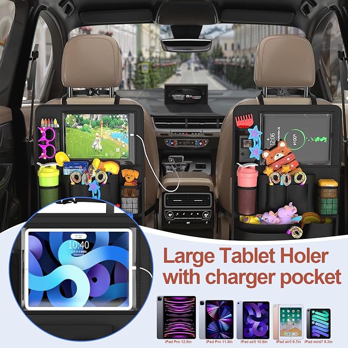 2 Pack Backseat Car Organizer with Tablet Charging Port for Kids Travel | Waterproof & Stain-Resistant Fabric, Kick Protect Seats from Dirt/Scuffs, Adjustable Straps, Easy to Clean, Quick-Install - Image 2