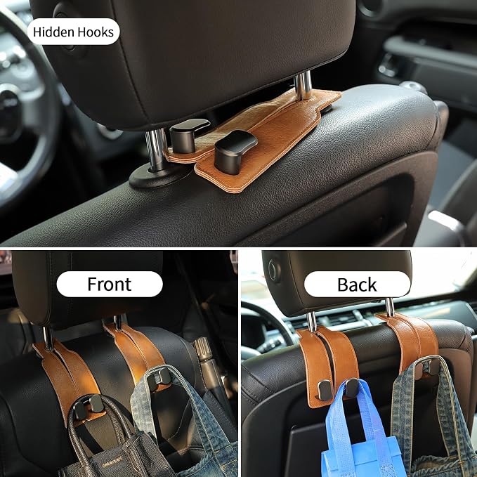 KINIVA Car Seat Headrest Storage Hooks, Set of 2, Suede PU Leather, Double Hooks (06-Brown) - Image 6