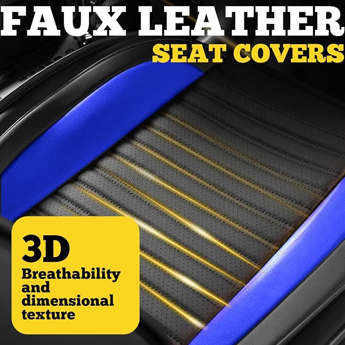 Front Car Seat Covers, Faux Nappa Leather for Sedan SUV, 2 Seats | Waterproof, Breathable and Airbag Compatible, Helps Reduce Slipping, Black+Blue - Image 7