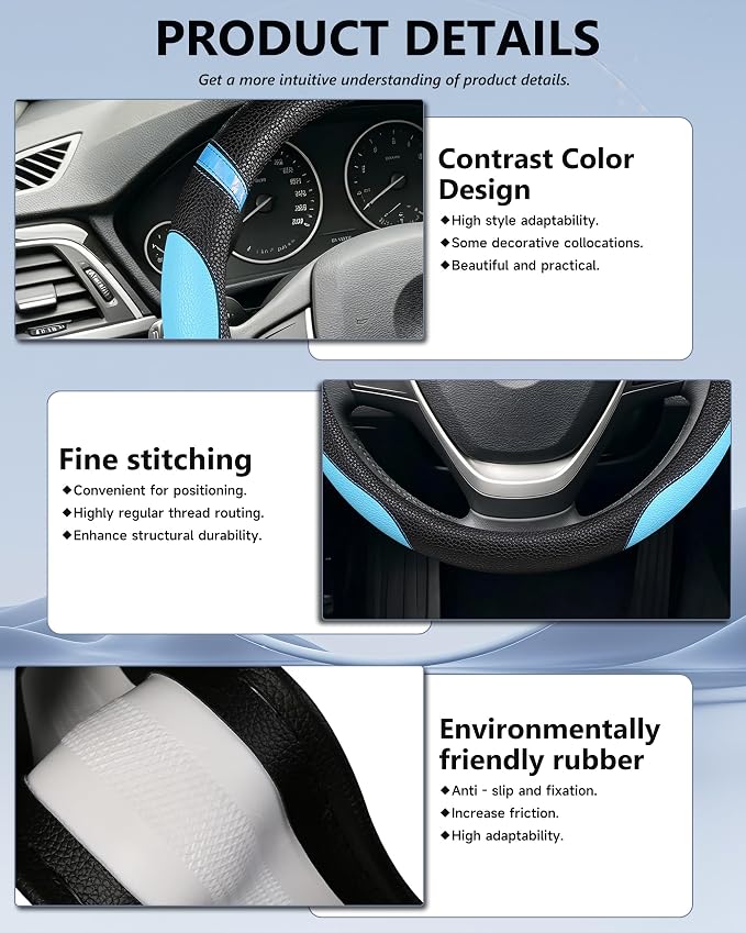 Universal Leather Steering Wheel Cover for Women Steering Wheel Cover for Car 15 inch (Blue) - Image 5