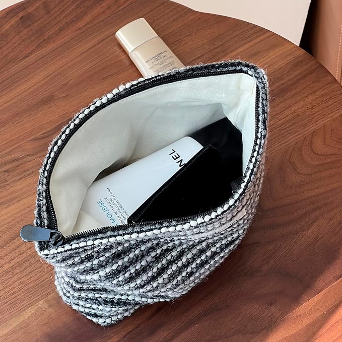 RSRSLEII Striped Travel Makeup Bag, Cute Toiletry Bag (10Black Stripe) | Aesthetic Portable Cosmetic Bag with Zipper, Vintage Makeup Pouch with Canvas Lining, Car Storage Bag for Women and Girls - Image 5