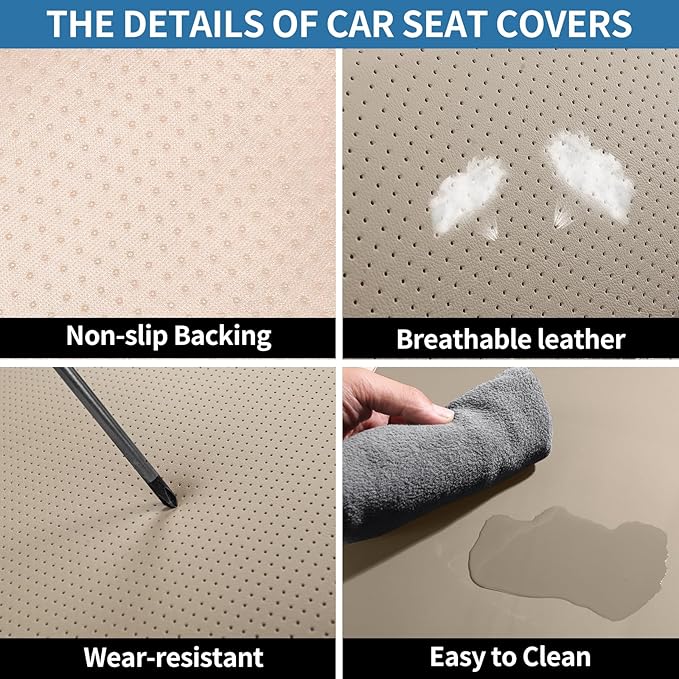 Leather Car Seat Covers Full Set Automotive Seat Protectors | Breathable Waterproof Durable Full Surround & Lumbar Support Design Non-Slip Universal Fit for Most Cars SUV Trucks Van Beige - Image 6