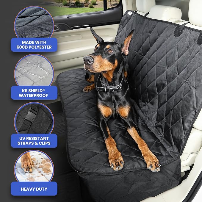 4Knines Heavy-Duty Rear Seat Cover for Dogs - Fitted, Black Reg | K9-Shield waterproof layer, non-slip backing, quick-release clips for easy install and cleanup. Machine washable. - Image 5