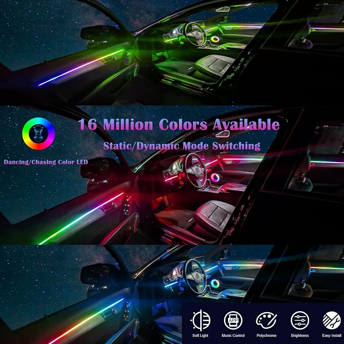 Dreamcolor Acrylic Interior Car LED Strip Light, RGB 6 in 1 Fiber Optic Ambient Lighting Kits, 16 Million Colors Sound Active Function Car Neon Lights with Wireless APP - Image 4
