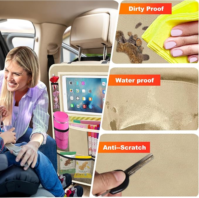 Car Backseat Organizer ，2 Pack Car Organizer Back Seat with 11" Tablet Holder, 10 Storage Pockets Seat Back Protectors Kick Mats for Kids Toddlers, Travel Accessories (Beige) - Image 3