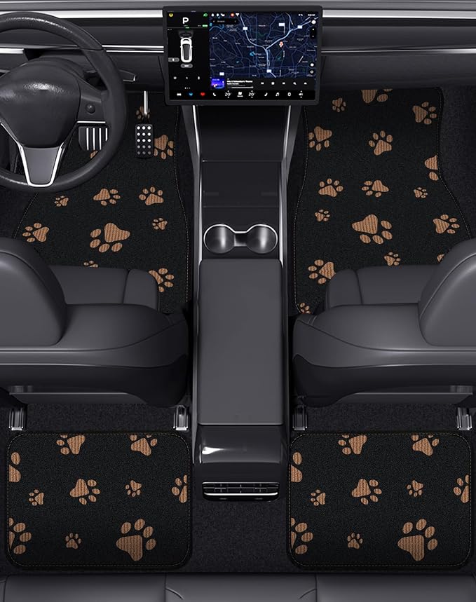 Cute Embroidered Dog Paw Car Floor Mats for Pet Lovers, Universal Fit All Weather Car Mats with Anti-Slip Nibbs Backing, Carpet Floor Mats for Cars, Trucks & Sedans, Full Set of 4 (Brown Paw) - Image 4