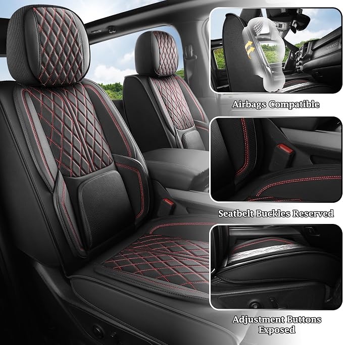 Custom Fit Chevy Silverado GMC Sierra 1500 2007-2026 2500/3500 HD Crew Cab Full Set Car Seat Covers - 5 Pack, Premium Faux Leather Truck Seat Protector with Airbag Compatible Design, BlackRedLine - Image 2