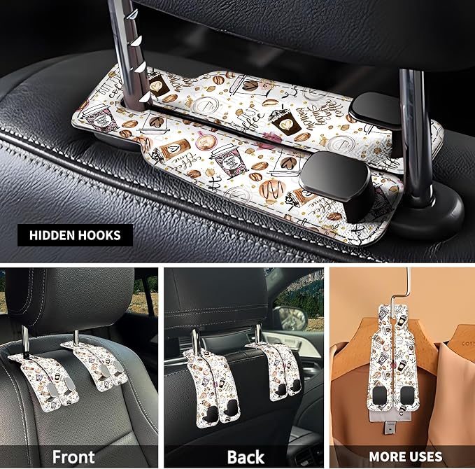 Car Seat Headrest Hook, Universal Leather Cute Hanger Holder Hook, Storage Organizer Interior Accessories for Purse Bags Handbag Funny Coffee Pattern - Image 3