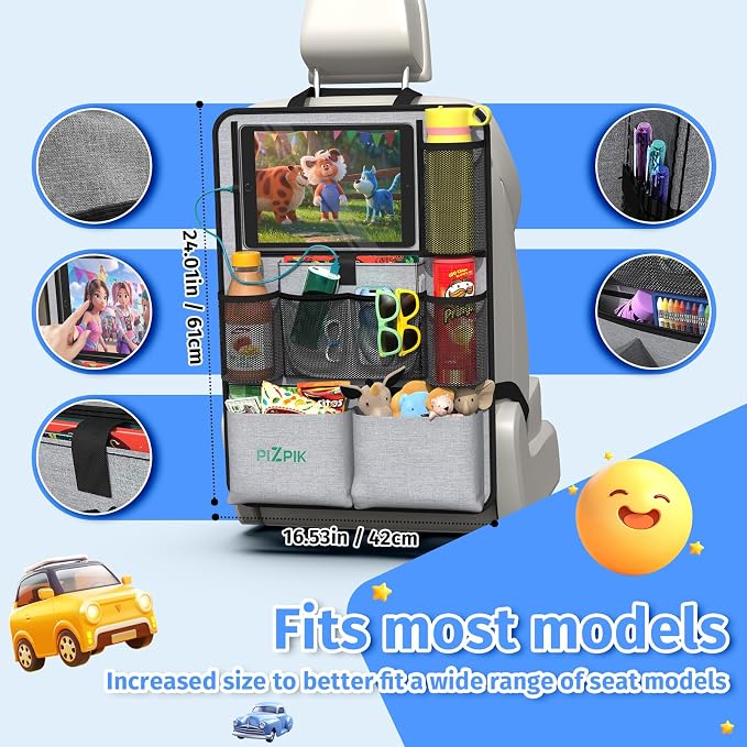 Car Backseat Organizer with Tablet Holder,11 Storage Pockets with Foldable Food Tray, Protector Kick Mats for Kids, Travel Accessories Organizer (Gray, 2-Pack) - Image 5