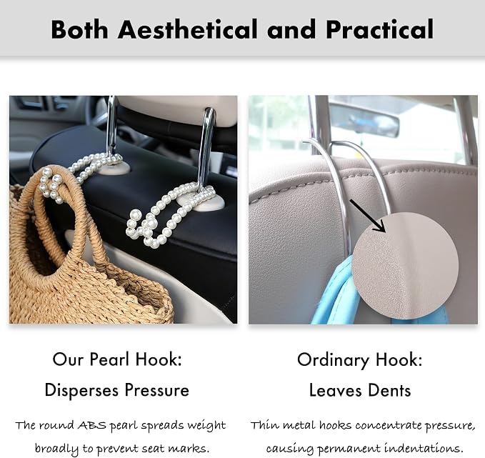 Purse Hook for Car, Pearl Bag Holder for Seat Headrest, 2-Pack | 44lb-Loads Stainless Steel Support, Scratch Free, Universal fit, Easy Install, Girly Car Decor Accessories, Gift for Women - Image 5