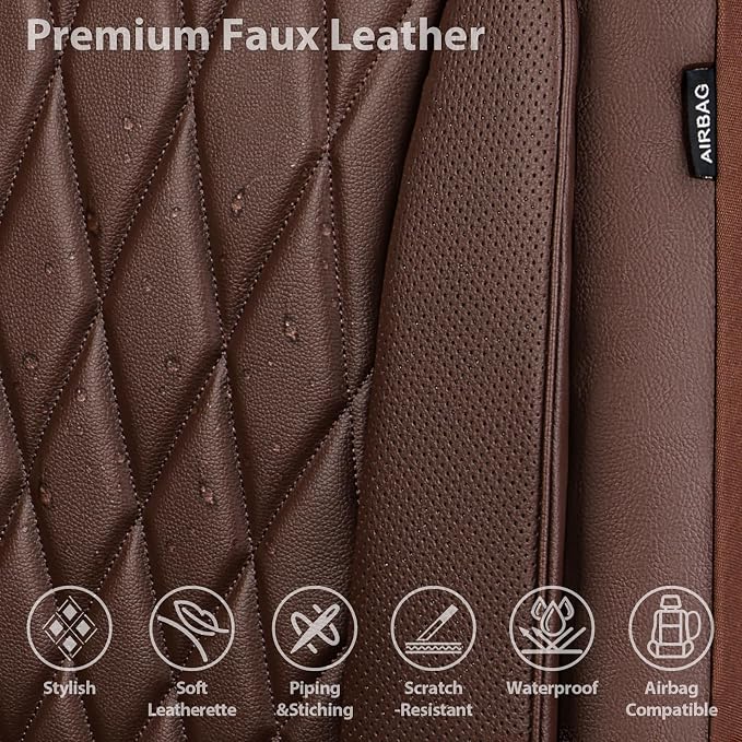 CAR PASS Piping Luxury Faux PU Leather Two Front Car Seat Covers, Waterproof Anti Slip Seat Covers Compatible with Front Seat Armrests,Universal Fit for Suvs,Vans,Trucks,Airbag Compatible, All Brown - Image 4