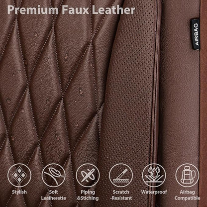 CAR PASS Piping Luxury Faux PU Leather Two Front Car Seat Covers, Waterproof Anti Slip Seat Covers Compatible with Front Seat Armrests,Universal Fit for Suvs,Vans,Trucks,Airbag Compatible, All Brown - Image 4