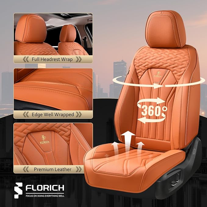 Seat Covers, Leather Car Seat Covers Front Seats, Automotive Seat Covers Waterproof Car Seat Cushion Orange Seat Cover Protector Universal Fit for Most Cars Trucks SUVs - Image 3