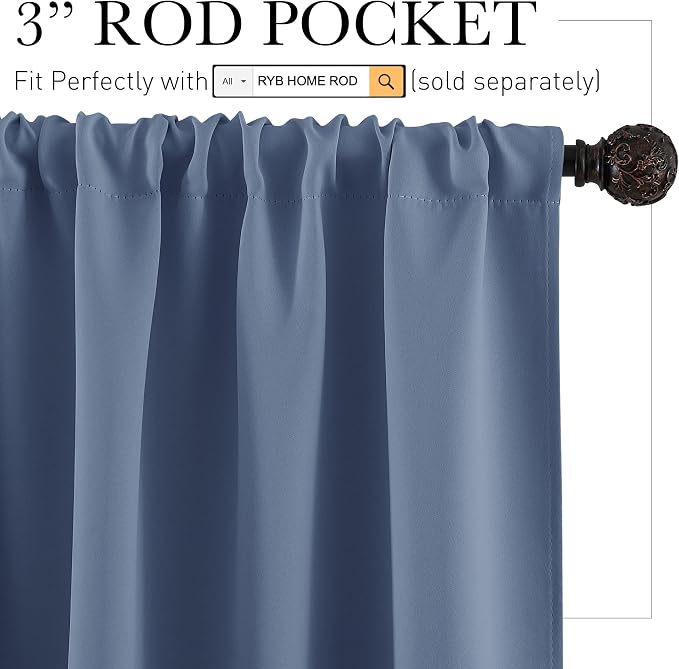 RYB HOME Basement Bathroom Kitchen Cafe Blackout Privacy Window Curtains | Thermal Insulated, Light UV Heat Blocking, Privacy, Short Curtain Tiers for Laundry Room, W34 x L30, Stone Blue, 2 Panels - Image 2