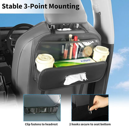 Back Seat Car Organizer with Tissue Holder and 2 Pack Cup Holders | Multifunctional Car Backseat Organizers and Storages with Transparent Bag & Hooks Universal Tissues Box for SUV Sedan Van - Image 4