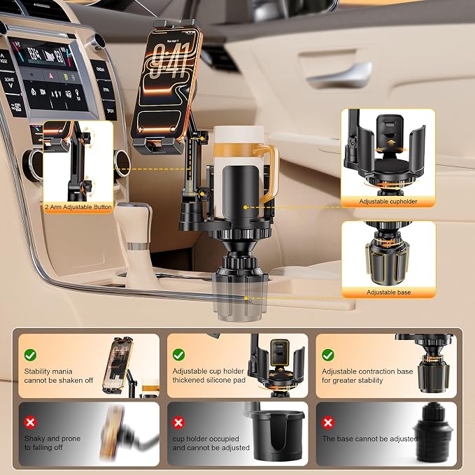 Tablet Holder for Car, 3 in1 Stable Cup Holder ipad Car Mount with Expander | Adjustable Base and Long Arm with 360°Rotation Phone ipad Holder for 4-12.9‘’ Tablet, All Smartphones and Most Bottles - Image 2