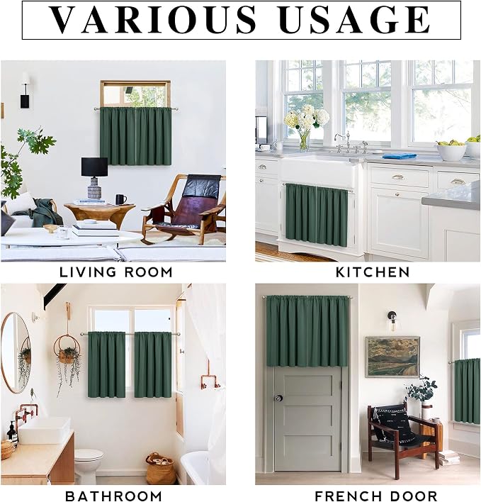 RYB HOME Cafe Blackout Curtains 24 inch Length for RV Camper Kitchen Window | Temperature Regulating, Light UV Blocking, Privacy Protection, Short Small Half Window Tiers, W42 x L24, Dark Green, 2 Panels - Image 6