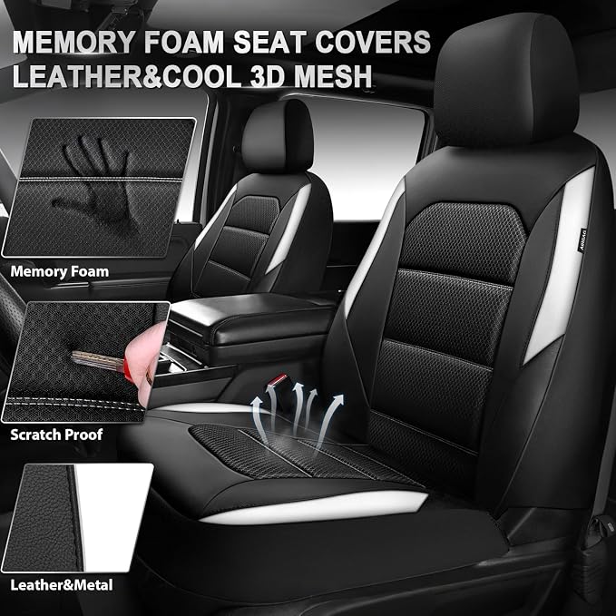 CAR PASS Memory 3D Foam Car Seat Covers Full Set, Breathable Mesh Thick Seat Covers for Cars,White Leather Seat Covers,Airbag Compatible Universal Automotive Comfort for SUVs Trucks SUV, Black White - Image 3