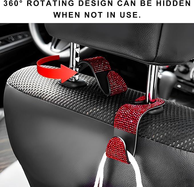 4 PCS Car Seat Headrest Hooks, Bling Crystal Rhinestone Back Seat Hanger Storage Organizer, Sparkly Seatback Holder Hooks for Purse and Bags Universal For Most Vehicles (Red) - Image 6