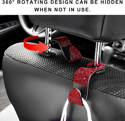 4 PCS Car Seat Headrest Hooks, Bling Crystal Rhinestone Back Seat Hanger Storage Organizer, Sparkly Seatback Holder Hooks for Purse and Bags Universal For Most Vehicles (Red) - Image 6