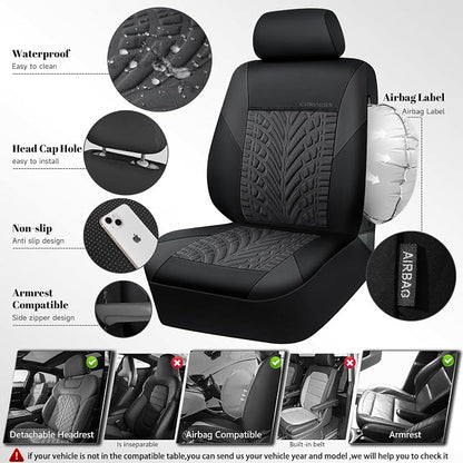 CAR PASS Neoprene Waterproof Seat Covers Two Front, Wetsuit Car Seat Covers 2pcs Universal Fit for Vans, Truck, SUV, 3D Tyre Embossed Seat Covers Anti Slip with Armrests, Aibag Compatible(Black Gray) - Image 3