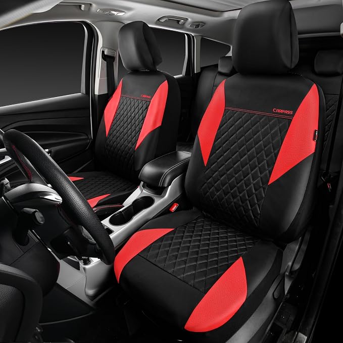 CAR PASS Red Leather Seat Covers Full Set-Universal Quilting Pretty Girly Car Seat Cover with 5mm Composite Sponge Inside,Airbag Compatible, Waterproof Delux Fit for Most Sedan,SUV,Cars (Full Set,Red) - Image 2