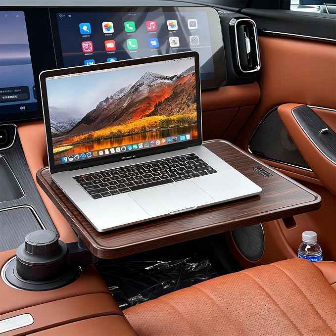HZGAMER Wood Car Desk for Laptop, 360° Rotating Wood Cup Holder Table Tray for Drivers and Passengers, Car Accessories Compatible with Tesla Model Y/3/S, Ford F150/Explorer/Maverick & Most Vehicles by HzgamerAutoParts-ProfessionalManufacturerofAutomotiveInteriorAccessories