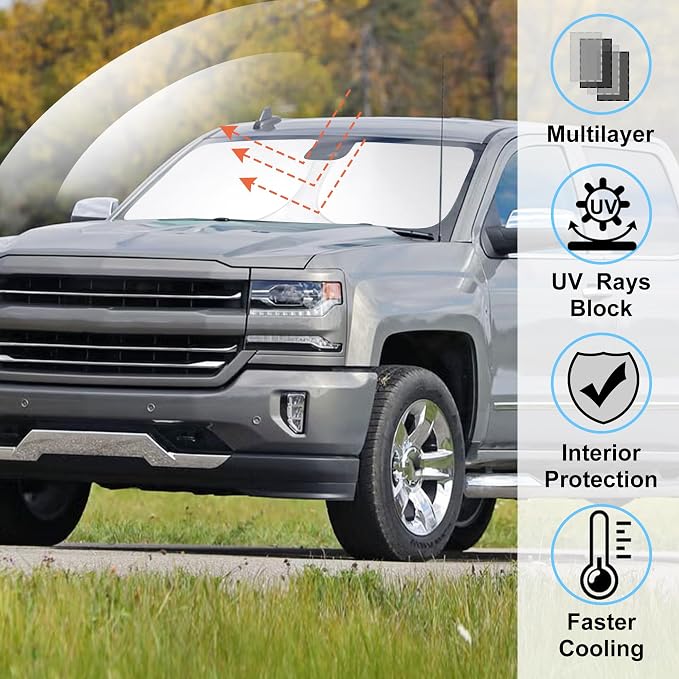 Windshield Sun Shade for 2014-2018 2019 Chevrolet Silverado | Full covered, Foldable & Durable, Block UV Rays, Reduce Heat, Easy to install, Keep Car Cooler - Image 2