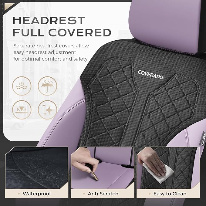 Coverado Seat Covers for Car Fullset, Leather Car Seat Covers 5 Seats, Breathable Purple Driver Seat Protectors, Luxury Automotive Covers, Universal Fit for SUV, Truck, Sedan - Image 7